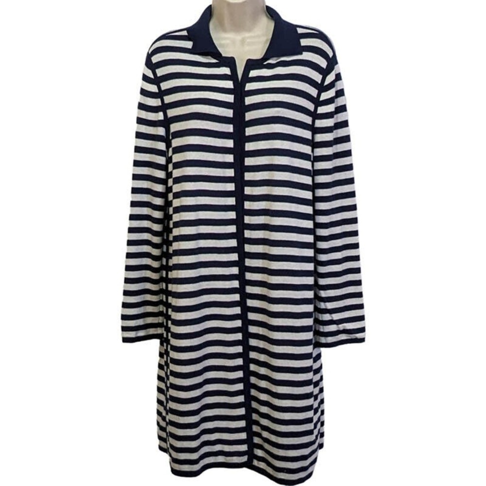 Chico's Reversible Long Cardigan White & Navy Stripe Long Sleeve